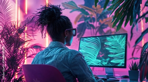 Obraz na płótnie Woman designing digital artwork on a computer in a neon-lit tropical-themed workspace
w salonie
