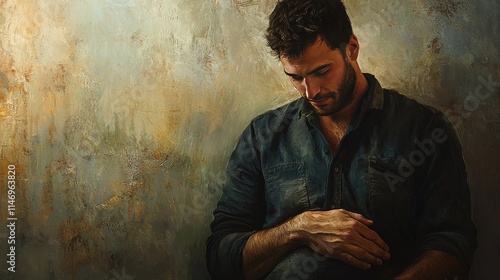 A man in a dark shirt sits thoughtfully, his hand resting on his stomach. A textured background enhances the emotional depth of this introspective scene. AI generated. photo