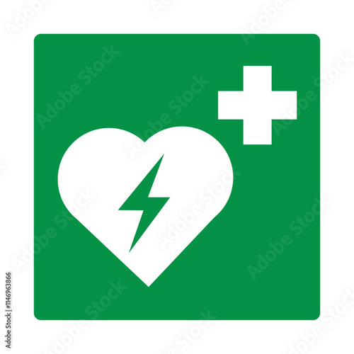 Green sign automatic external defibrillator. Location the AED automatic external defibrillator for emergency assistance in cases heart attack or sudden cardiac arrest. Providing first aid. Iso 7010.