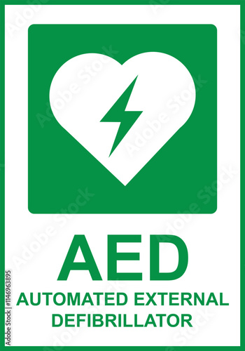 Green sign automatic external defibrillator. Location the AED automatic external defibrillator for emergency assistance in cases heart attack or sudden cardiac arrest. Providing first aid. Iso 7010.