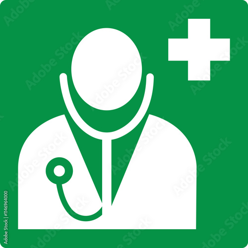 Green sign doctor. First aid doctor. Physician first aid. Designations the location of medical personnel who can provide first aid in an emergency. Ensuring safety and health. Iso 7010.