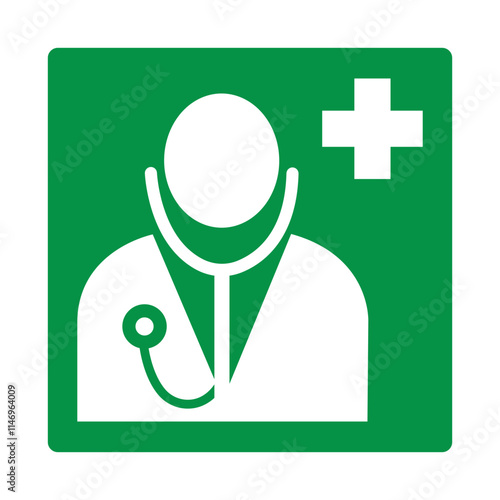 Green sign doctor. First aid doctor. Physician first aid. Designations the location of medical personnel who can provide first aid in an emergency. Ensuring safety and health. Iso 7010.