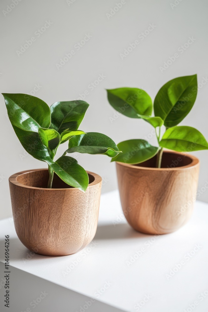 Two small green plants in light brown wooden pots on a white surface. Two small green plants in light brown wooden pots on a white surface.