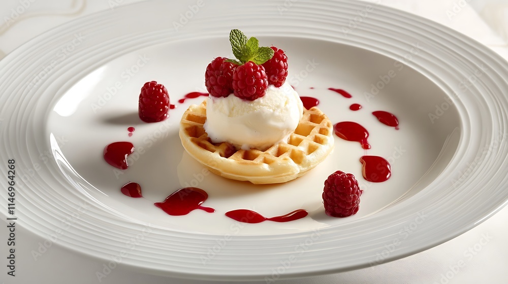 Gourmet plate of waffles and vanilla ice cream with seasonal berry garnish Gourmet plate of waffles and vanilla ice cream with seasonal berry garnish