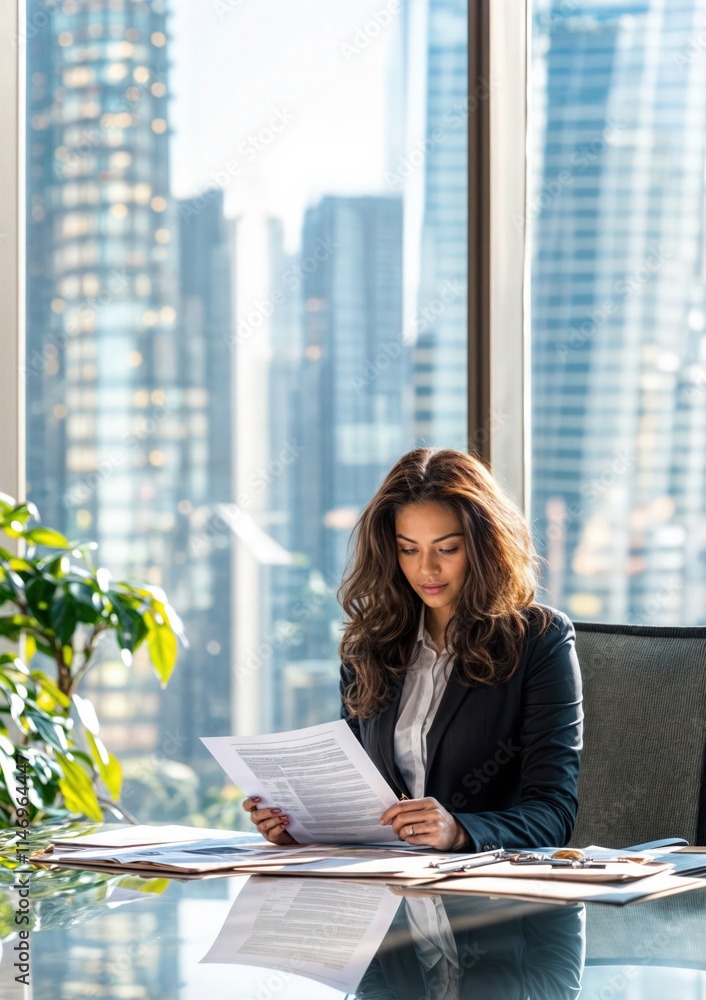 Confident businesswoman reviewing documents in a modern office with a city skyline view