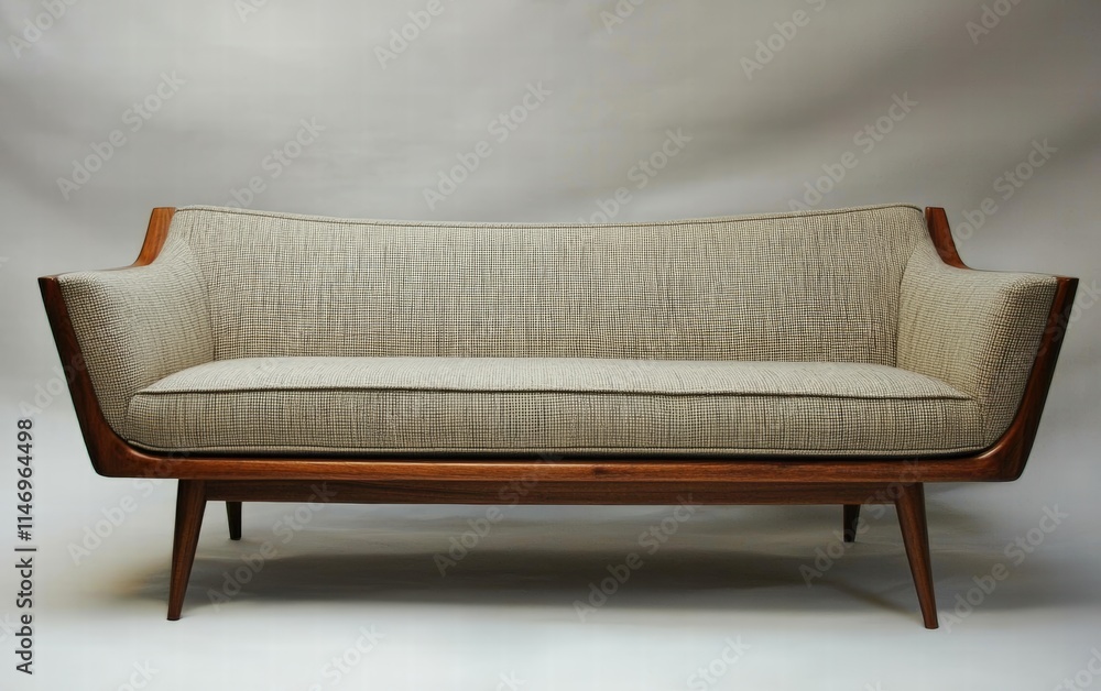 A sleek mid-century modern sofa with clean lines, neutral fabric, and tapered wooden legs A sleek mid-century modern sofa with clean lines, neutral fabric, and tapered wooden legs