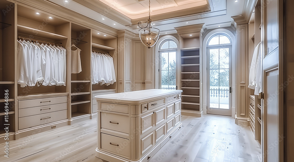 Luxury closet with island, modern renovation, dressing room. Luxury closet with island, modern renovation, dressing room.