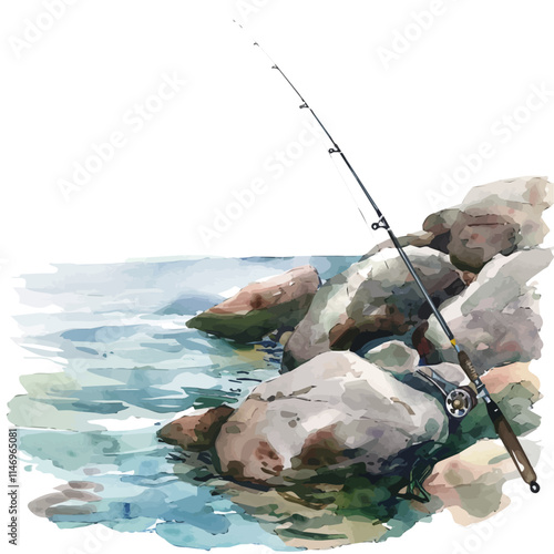 A watercolor vector of a fishing rod propped on a rocky shore, isolated on a white background. Fishing rod rocky shore vector.
