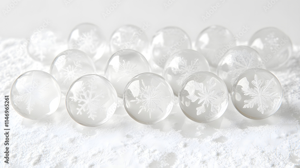 Close-up of numerous clear glass spheres adorned with etched snowflake designs, scattered on a white surface. They evoke a wintery, festive atmosphere. Close-up of numerous clear glass spheres adorned with etched snowflake designs, scattered on a white surface. They evoke a wintery, festive atmosphere.