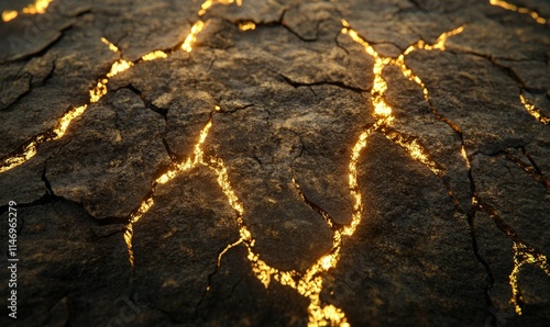 Patterns of cracked earth radiating outward like organic fractals, deep brown tones merging with glowing veins of gold, surreal landscape, . photo