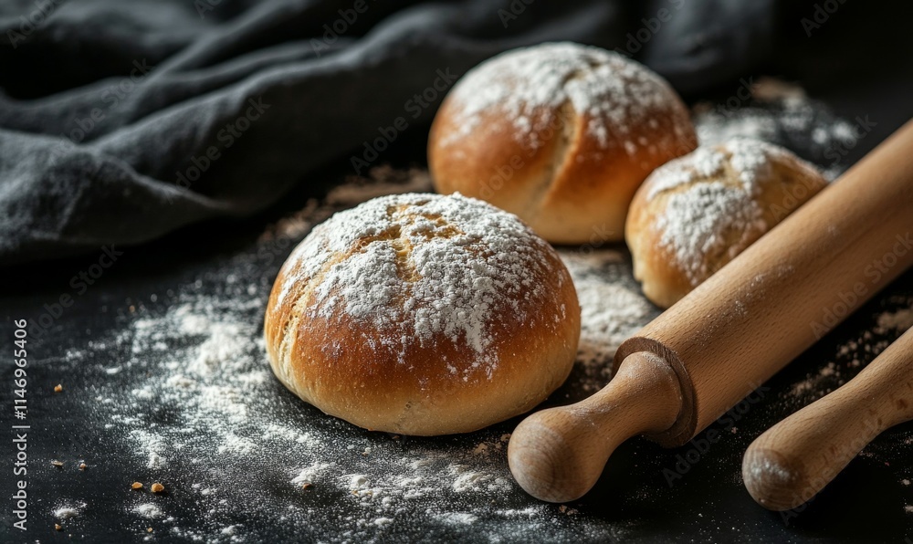 Set of fresh small bun bread on the dark table with rolling pin. Home baking concept Set of fresh small bun bread on the dark table with rolling pin. Home baking concept