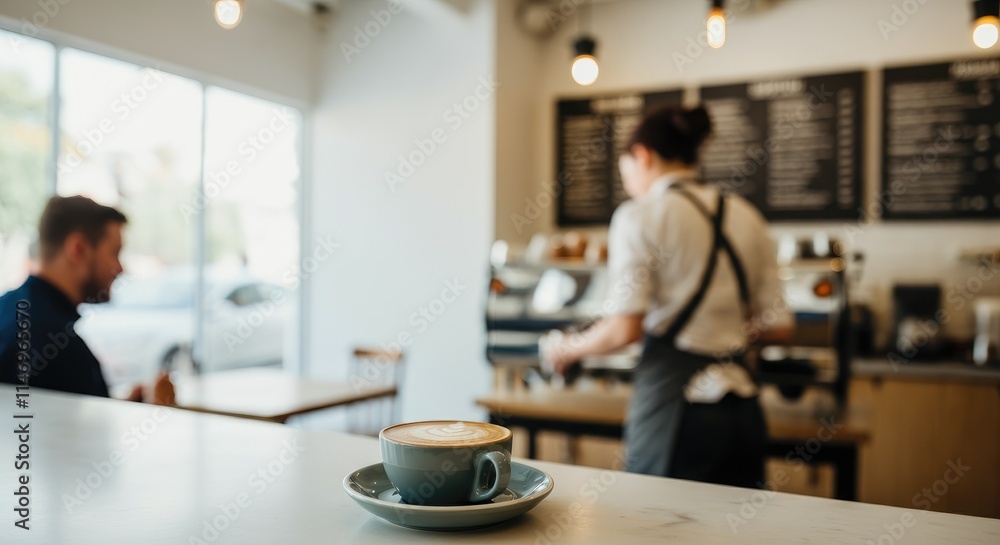 Serene coffee shop with barista making drinks and customer enjoying Serene coffee shop with barista making drinks and customer enjoying