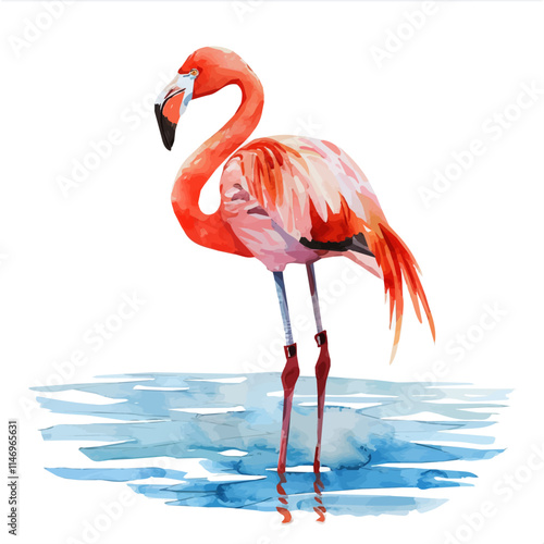 A watercolor drawing of a flamingo standing by the water, isolated on a white background. Flamingo water vector.
