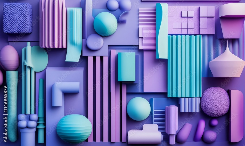 Various 3D Shapes neatly organized to make a wall. Turquoise and Purple Futuristic background . Various 3D Shapes neatly organized to make a wall. Turquoise and Purple Futuristic background .
