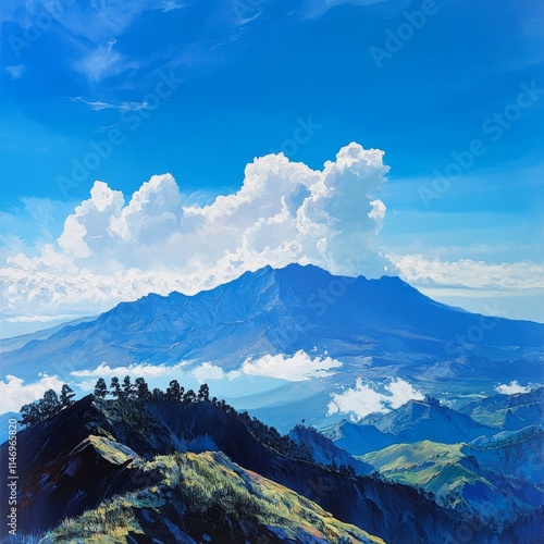 Senaru viewpoint from Rijani Mount 3726m in blue sky. Mount Rinjani (Gunung Rinjani) is an active volcano in Indonesia on the island of Lombok.  photo