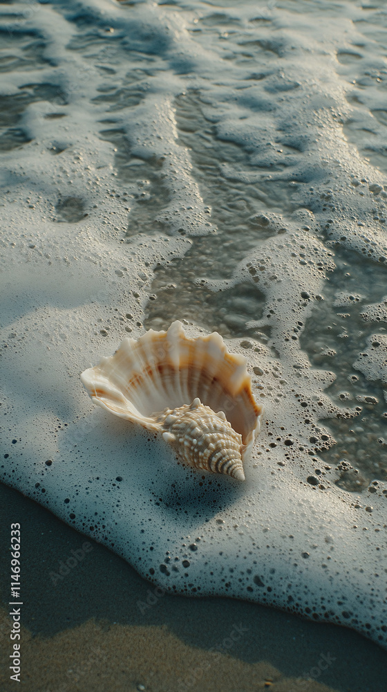Seashell on a Sandy Beach Gently Touched by Ocean Waves Under Golden Sunlight, Capturing the Tranquility and Beauty of Coastal Nature Seashell on a Sandy Beach Gently Touched by Ocean Waves Under Golden Sunlight, Capturing the Tranquility and Beauty of Coastal Nature
