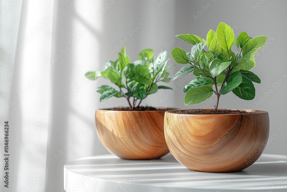 Fototapeta premium Two small green plants in wooden bowls on a white table by a window.