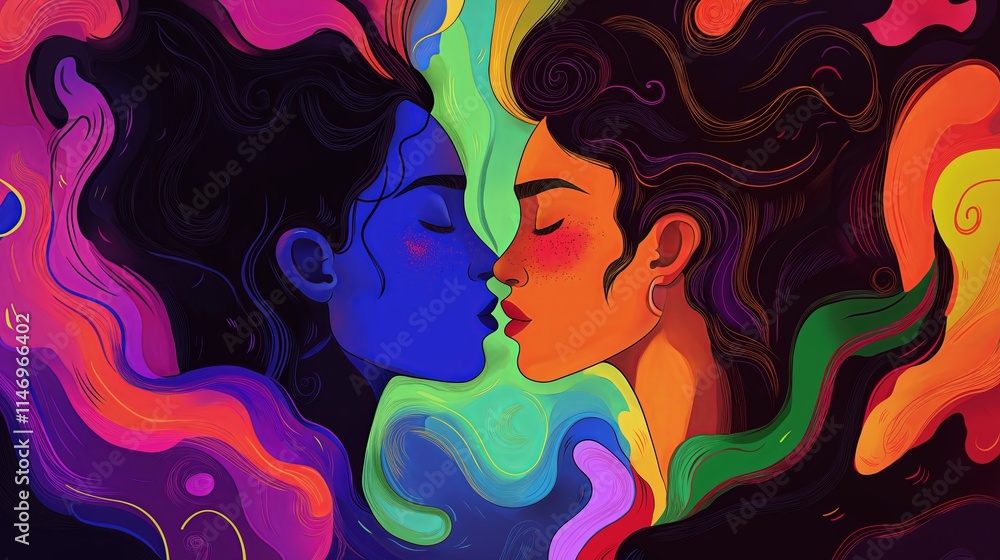 In a captivating piece of art, two figures embody the essence of love, surrounded by a whirlwind of vibrant colors and abstract patterns that flow harmoniously together In a captivating piece of art, two figures embody the essence of love, surrounded by a whirlwind of vibrant colors and abstract patterns that flow harmoniously together