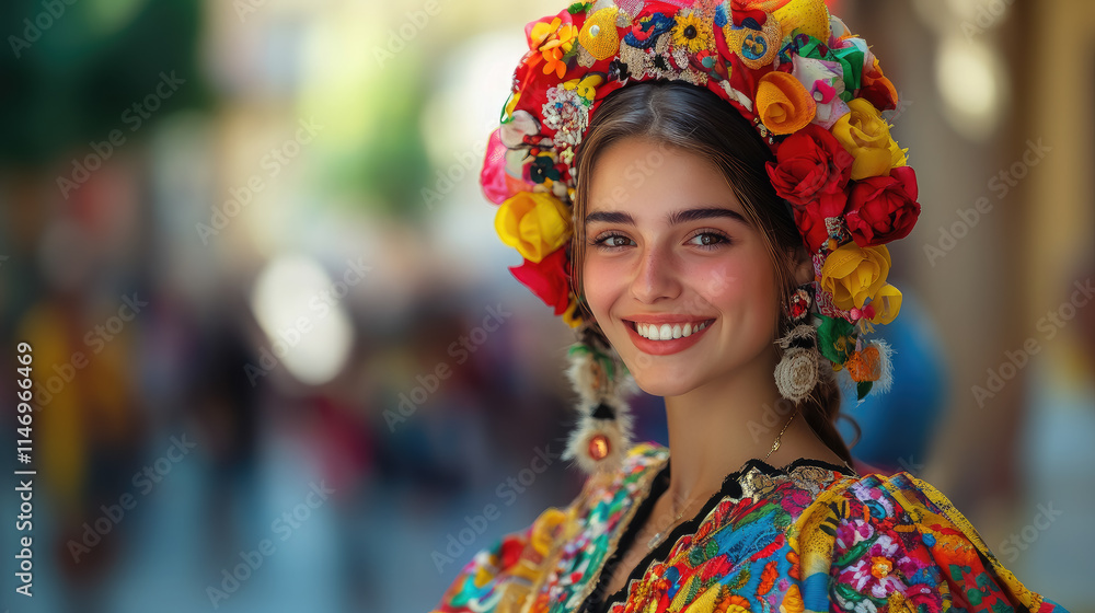 spanish young smiling woman in national costume on madrid street background spanish young smiling woman in national costume on madrid street background