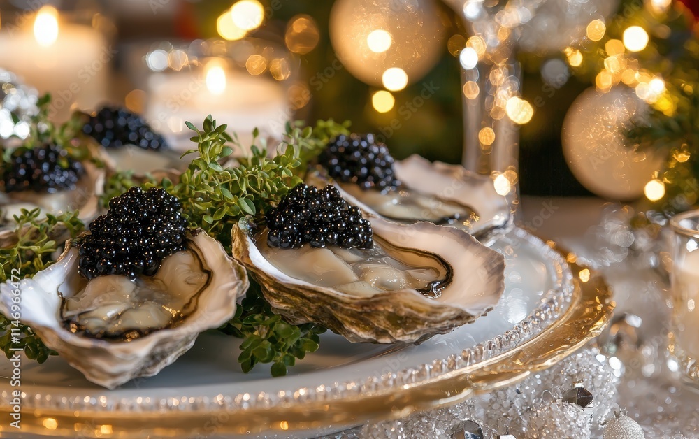 Christmas Oysters and Caviar: Fresh oysters topped with black caviar and adorned with microgreens, served on a sparkling holiday table Christmas Oysters and Caviar: Fresh oysters topped with black caviar and adorned with microgreens, served on a sparkling holiday table