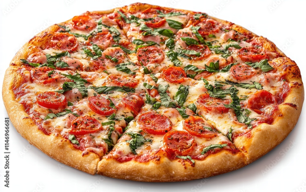 Classic Margherita Pizza: Thin crust topped with fresh tomato sauce, mozzarella, and basil on a clear white background Classic Margherita Pizza: Thin crust topped with fresh tomato sauce, mozzarella, and basil on a clear white background
