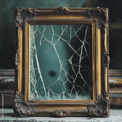 A vintage ornate frame with cracked glass, casting mysterious reflections in a dimly lit, antique setting. photo