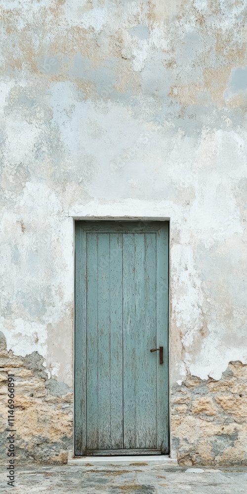 A rustic wooden door set in a weathered stone wall with peeling paint, showcasing vintage architectural charm. A rustic wooden door set in a weathered stone wall with peeling paint, showcasing vintage architectural charm.