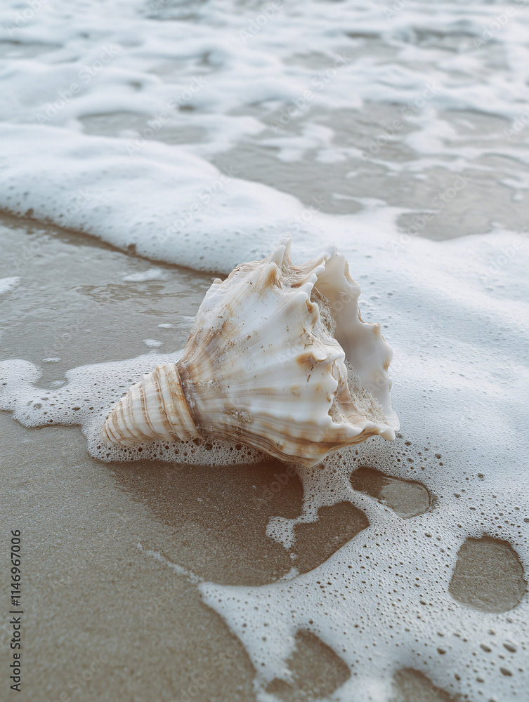 Seashell on a Sandy Beach Gently Touched by Ocean Waves Under Golden Sunlight, Capturing the Tranquility and Beauty of Coastal Nature Seashell on a Sandy Beach Gently Touched by Ocean Waves Under Golden Sunlight, Capturing the Tranquility and Beauty of Coastal Nature