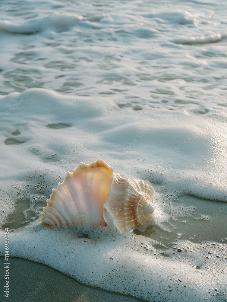 Seashell on a Sandy Beach Gently Touched by Ocean Waves Under Golden Sunlight, Capturing the Tranquility and Beauty of Coastal Nature Seashell on a Sandy Beach Gently Touched by Ocean Waves Under Golden Sunlight, Capturing the Tranquility and Beauty of Coastal Nature