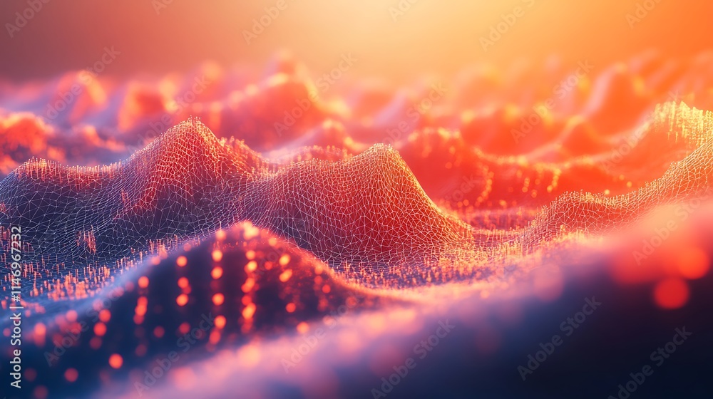 Abstract landscape with glowing hills and particles at sunset. Abstract landscape with glowing hills and particles at sunset.
