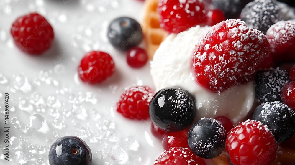 Artistic arrangement of vanilla ice cream waffles and a medley of berries Artistic arrangement of vanilla ice cream waffles and a medley of berries