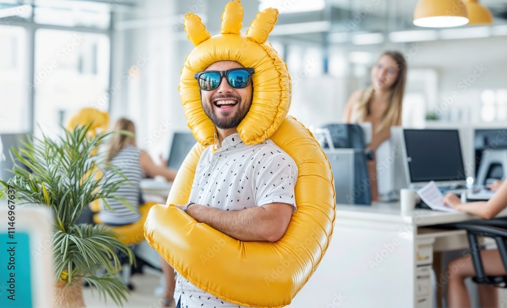 Cheerful office worker wearing yellow inflatable costume, spreading joy at work