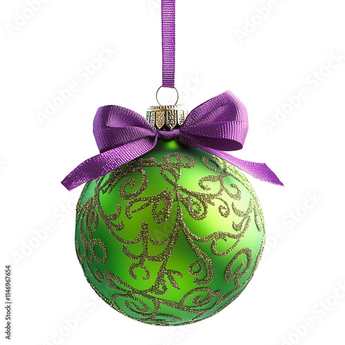 Texturized green Xmas ball hanging against a transparent background, Christmas bauble with bow, transparent image, png