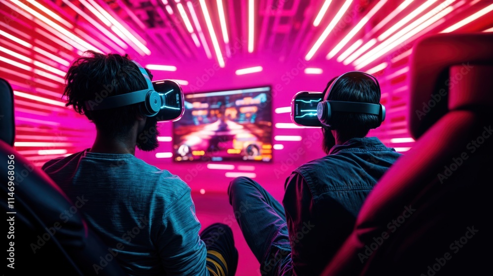 Gamers immersed in virtual reality experience with neon lights and futuristic visuals