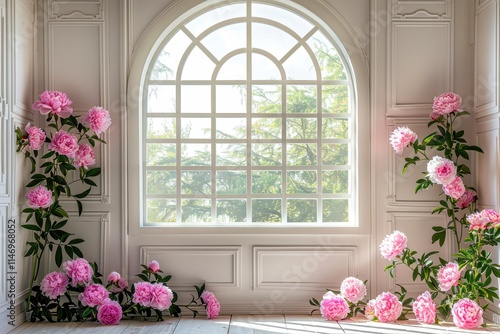 Fototapeta Naklejka Na Ścianę i Meble -  A bright, airy room features a large arched window with lush greenery visible outside, framed by elegant white walls, Vibrant pink peonies adorn the space, perfect for floral design use,