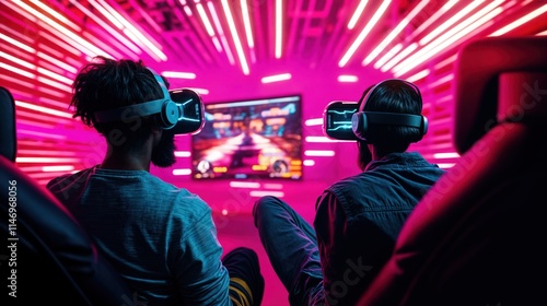 Obraz na płótnie Gamers immersed in virtual reality experience with neon lights and futuristic visuals
w salonie