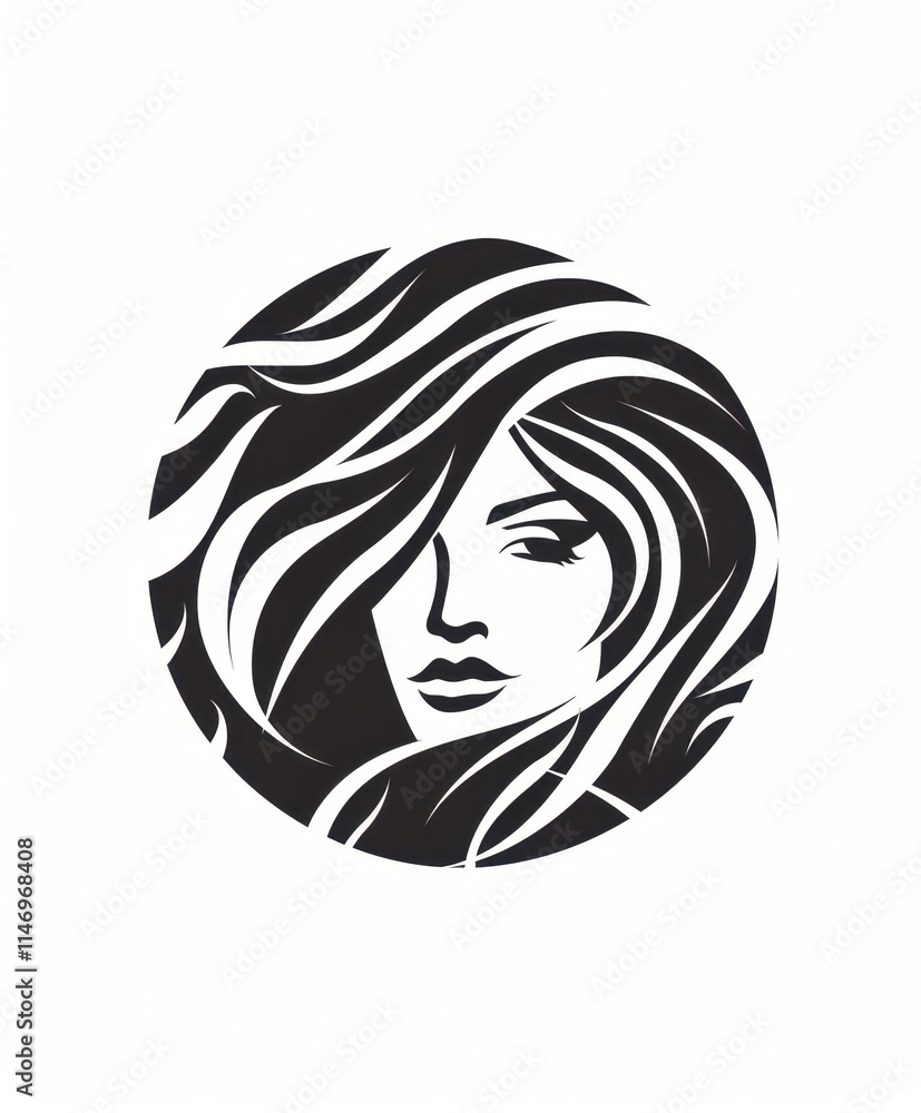 A minimalist black and white illustration features a stylized woman's face with flowing hair, ideal for beauty, fashion, or wellness branding, This design exudes elegance and artistry, A minimalist black and white illustration features a stylized woman's face with flowing hair, ideal for beauty, fashion, or wellness branding, This design exudes elegance and artistry,