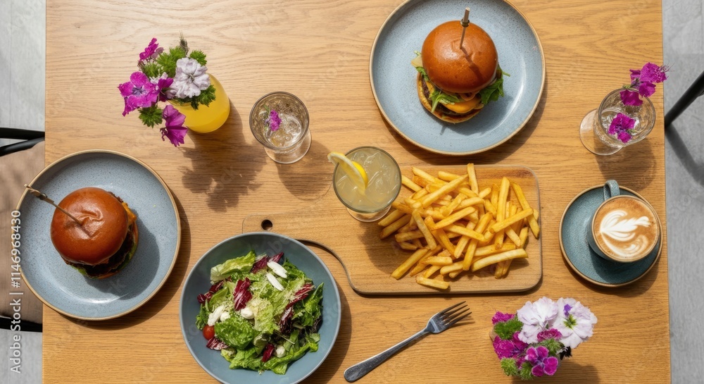 Burgers, fries, salad, and various drinks on wooden table Burgers, fries, salad, and various drinks on wooden table