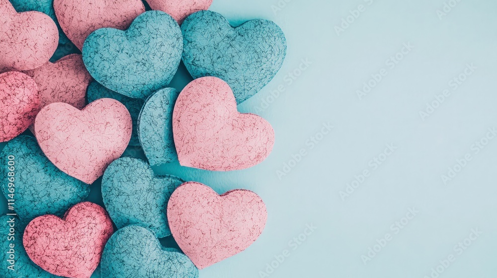 Obraz premium Pastel pink and blue textured hearts arranged on a light blue background with copy space.