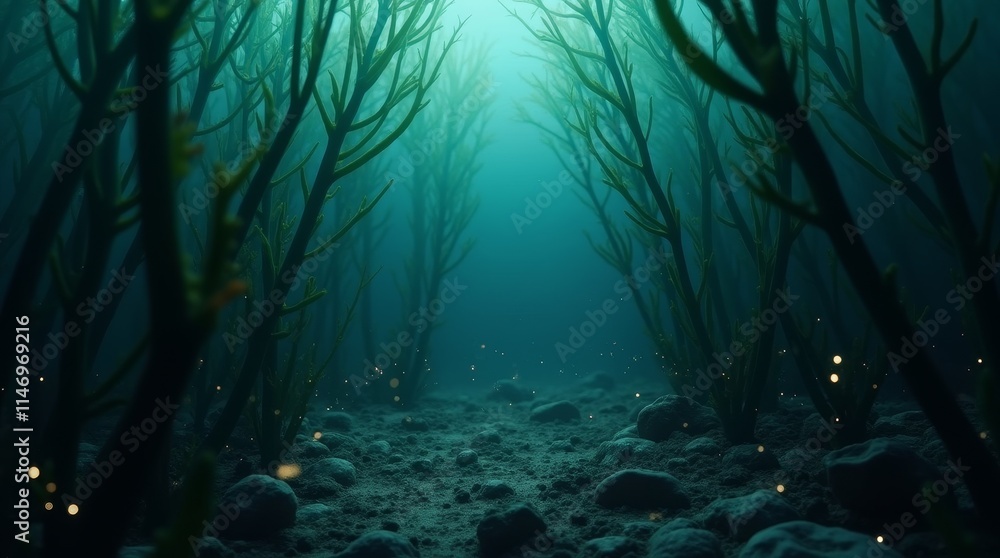 Fototapeta premium Eerie Underwater Forest with Seaweed and Dim Light