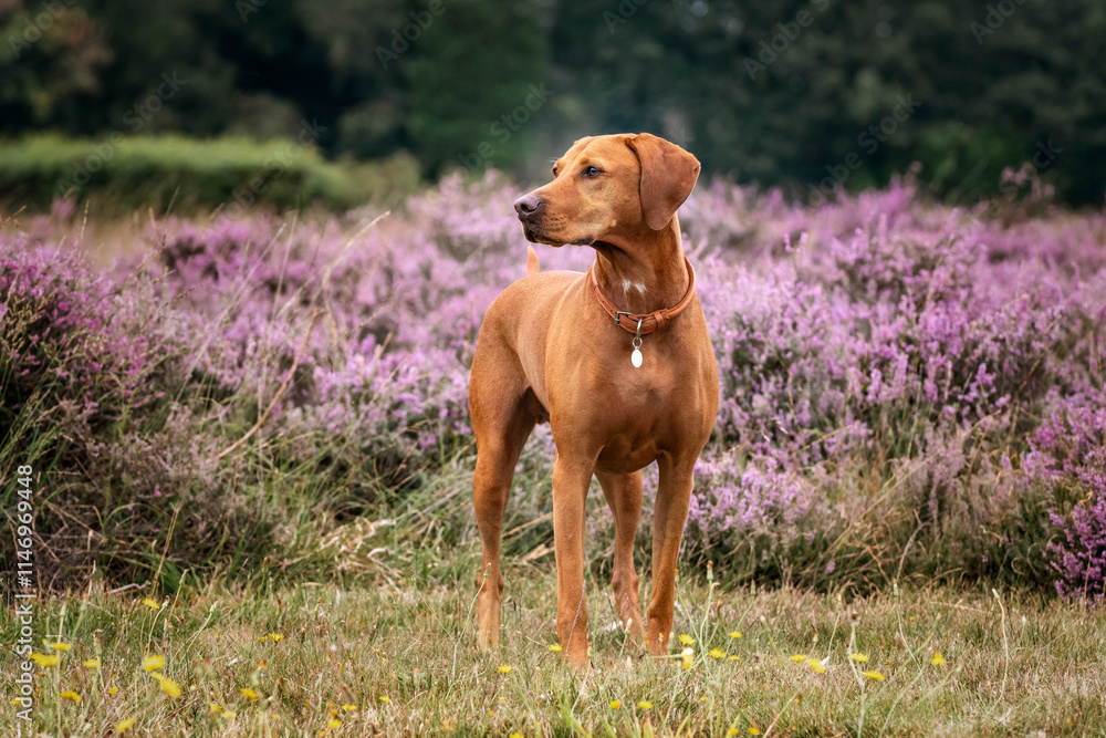Vizsla dog in the grass field and heather at Ascot Heath