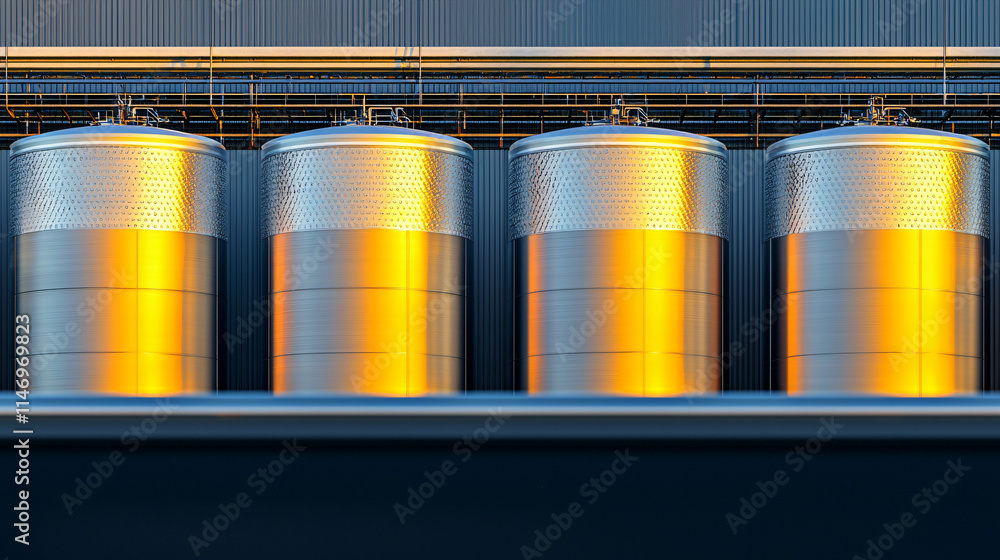 A detailed perspective of oil refinery plant storage tanks, showing the texture of metal, with clear reflections of the surrounding structures. A detailed perspective of oil refinery plant storage tanks, showing the texture of metal, with clear reflections of the surrounding structures.