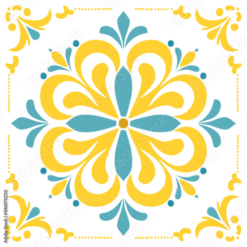 Traditional Azulejo ceramic tiles. Vector Italian print for fabric and wallpaper. Sicilian majolica in blue and yellow colors. Mediterranean style ornament.