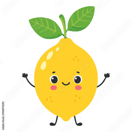 Cute lemon vector character. Juicy ripe fruit in cartoon style for packaging design and prints.