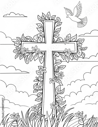 beautiful coloring page for children with a large Christian cross decorated with flowers