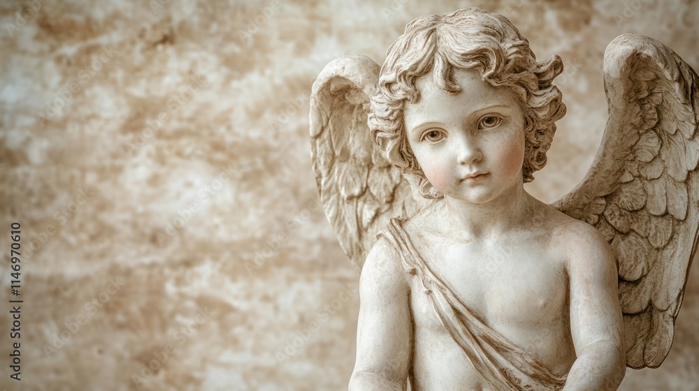 Fototapeta premium Cherubic angel statue against textured background.
