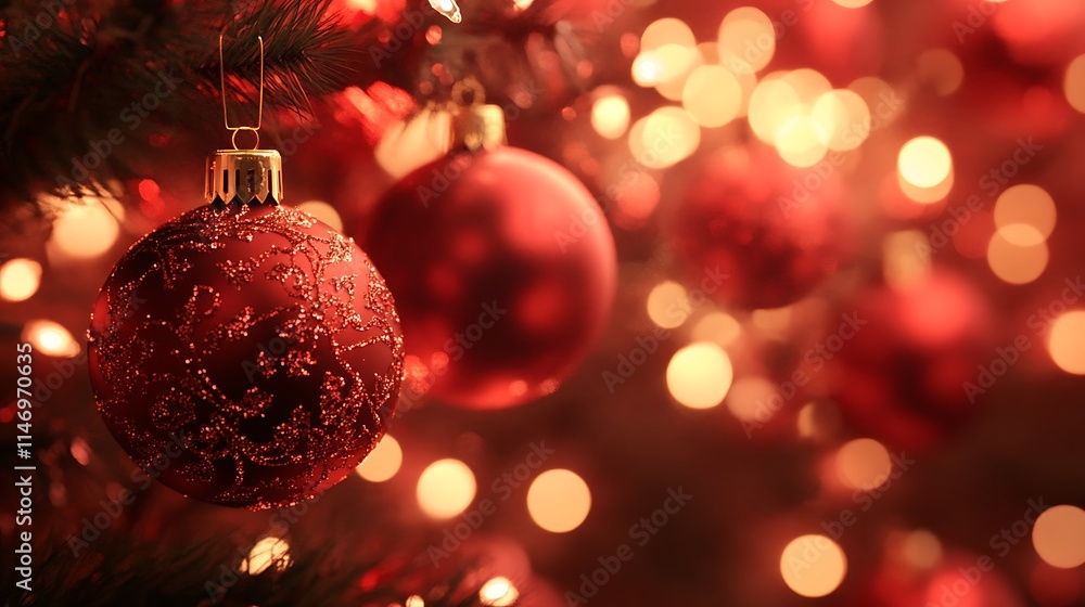 Close-up of red Christmas ornaments hanging on a tree with blurred lights. Close-up of red Christmas ornaments hanging on a tree with blurred lights.