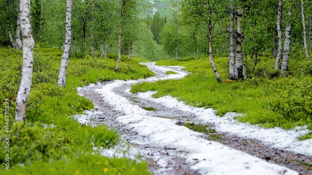 Obraz premium A winding dirt path covered with patches of melting white snow curves through a lush green birch forest during late spring.