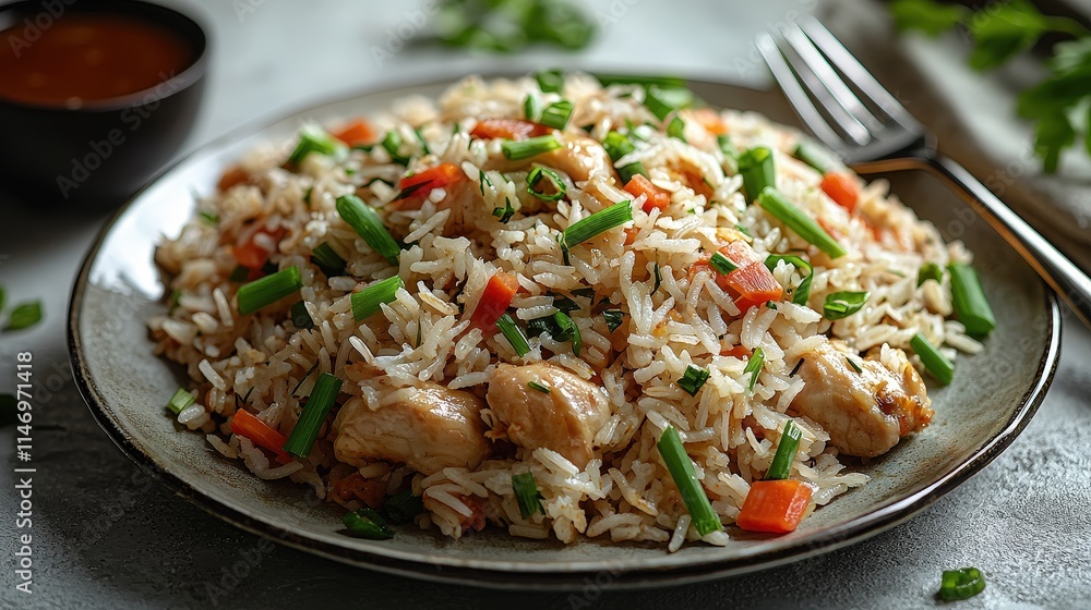 Delicious hawaiian-style chicken fried rice with fresh vegetables Delicious hawaiian-style chicken fried rice with fresh vegetables