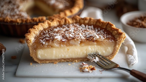 Indulgent slice of hawaiian coconut haupia pie on marble surface photo